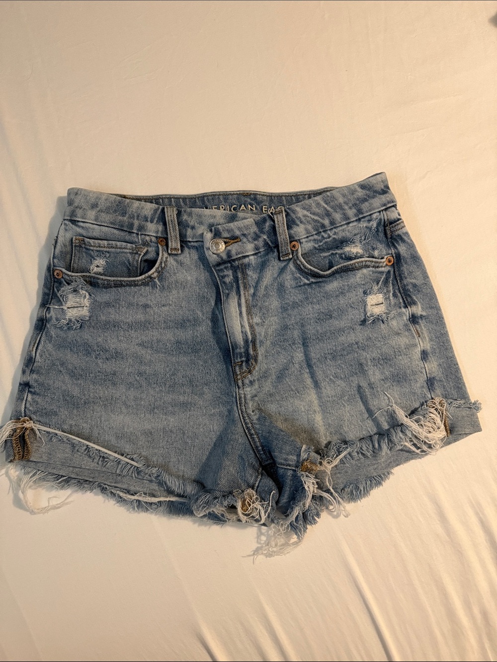 American Eagle Outfitters Curvy Mom Light Wash Distressed Denim Shorts